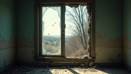 A broken window in an abandoned house, surrounded by chipped walls and peeling paint. Dusty light...