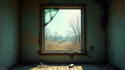 Obraz premium A broken window in an abandoned house, surrounded by chipped walls and peeling paint. Dusty light and barren landscapes evoke the quiet decay of forgotten homes.