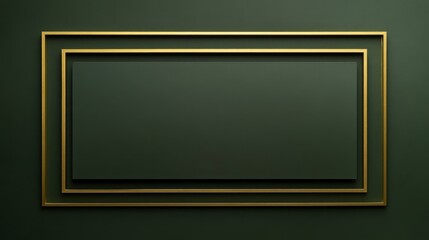 A minimalist display featuring two elegant gold frames on a dark green wall.