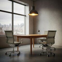 Fototapeta premium Modern office space, city skyline view, large windows, industrial pendant light, wooden conference table, white office chairs, exposed ceiling, concrete floor, minimalist design, urban workspace, natu