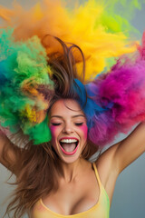 Obraz premium Joyful expression of a woman surrounded by vibrant clouds of colorful powder during a festive celebration