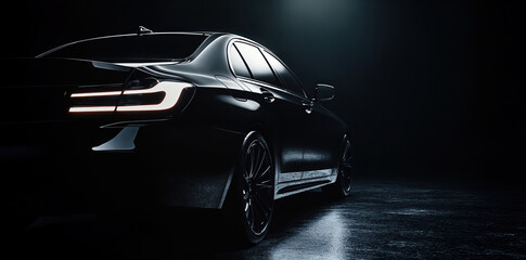Black luxury sedan illuminated by headlights in dark studio