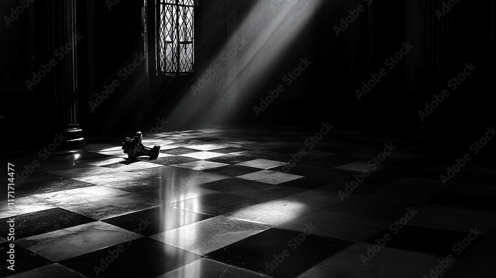 Poster sunbeams illuminate a dark room's checkered floor, highlighting a small object.