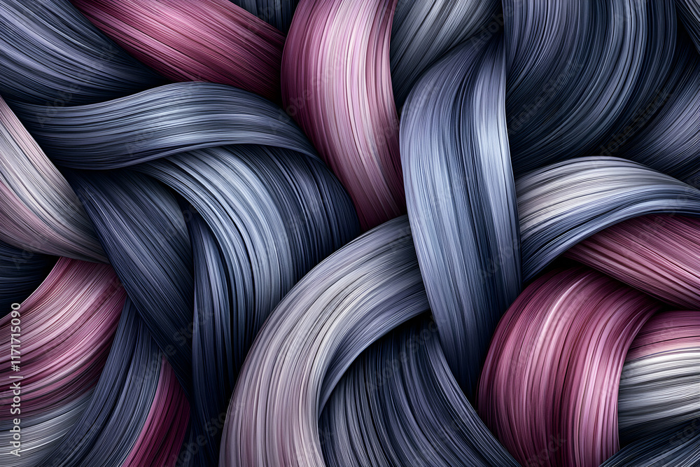 Poster abstract image of interwoven strands in shades of purple, grey, and blue, creating a complex and tex