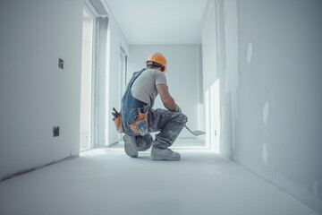 A construction worker, wearing a hard hat and overalls, kneels on the floor of an unfinished room, applying plaster to the walls with a putty knife.