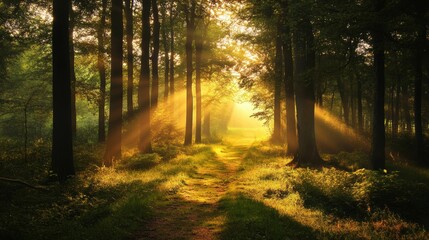 Naklejka premium Sunlit path through misty, golden forest.
