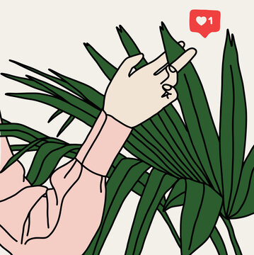 Woman's Hand Touching a Palm Leat Plant with a Heart on a Like Red Bubble. Nature Plant Botanical Love and Social Media Concept In Clear Background