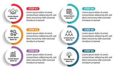 6 steps infographic template with 6 options. Flowchart that can be used for business report, data visualization and presentation. Timeline infographic elements vector illustration.