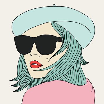 Vector Illustration of a Beautiful Pale Woman Wearing Sunglasses and a Blue Beret. Minimalist Hand Drawn Portrait Isolated on Clear Background