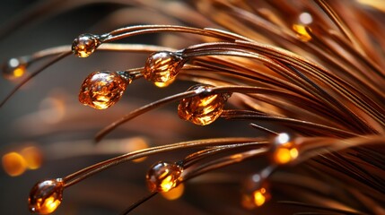 Close-up of golden strands with glistening droplets, illuminated with warm light.