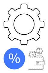 Gear outline, blue percentage sign, wallet with coins. Ideal for finance management, operational efficiency, savings, budget planning, investment cost reduction discounts. Abstract line flat