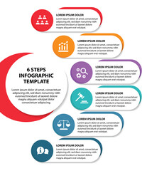 6 steps infographic template with 6 options. Flowchart that can be used for business report, data visualization and presentation. Timeline infographic elements vector illustration.