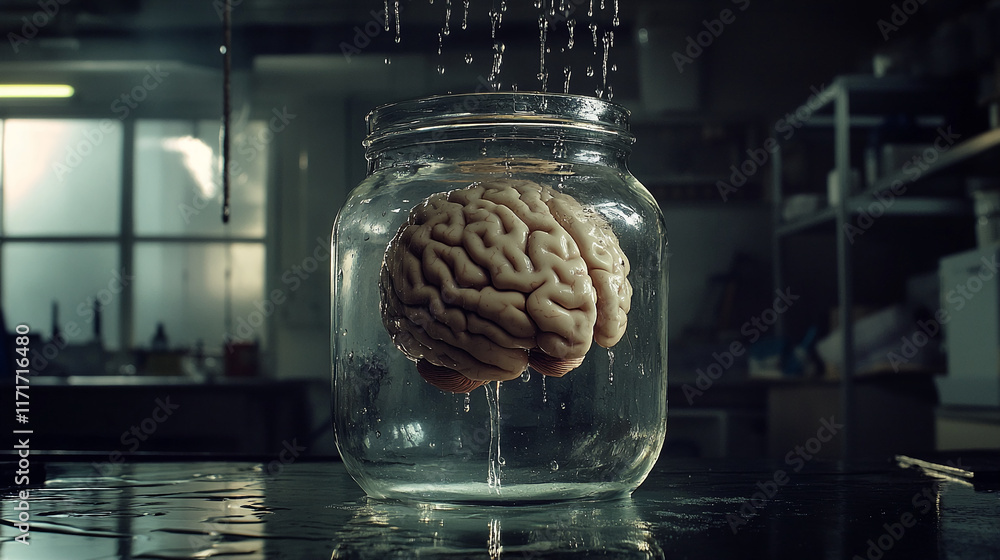 Aufkleber suspended brain in a jar with water drops in a mysterious laboratory setting