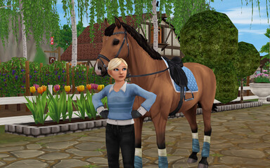 equestrian standing in front of horse, light blue tack star stable