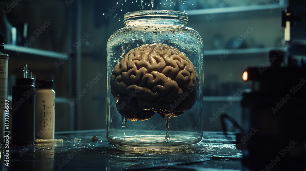 Poster brain preserved in a glass jar with water drops in a scientific laboratory environment