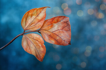 Closeup of an orange leafs intricate vein network against a vibrant blue backdrop. Detailed macro shot highlighting texture and autumn colors.