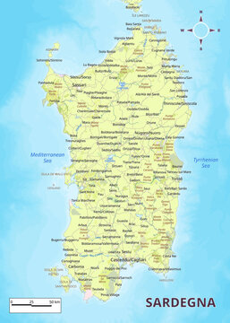 This detailed map showcases the island of Sardinia, Italy. The map features a light green color scheme with darker green shades highlighting various regions and towns.