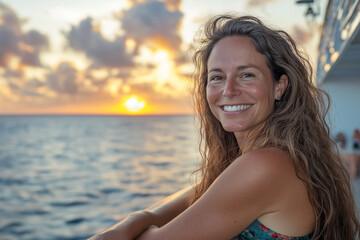 A woman with long, wavy blonde hair smiles at sunset over the ocean. Shes wearing a white top, enjoying the golden hour light.