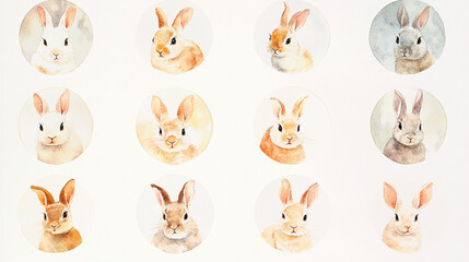 Naklejka premium Twelve watercolor rabbit illustrations with soft earthy tones and subtle details arranged neatly against a clean white background 