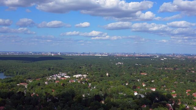residential district green forest cloudy sky. Lovely aerial view flight drone