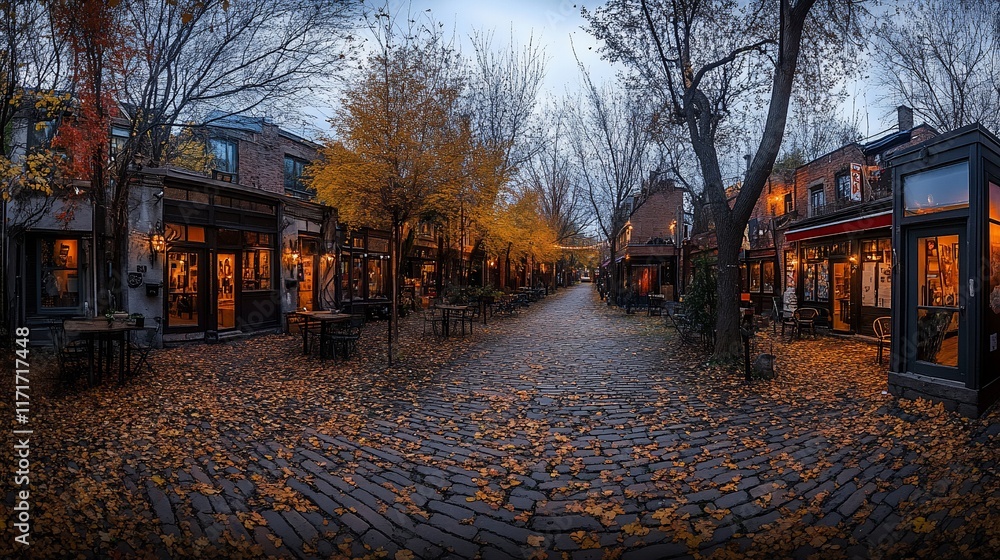 Aufkleber cobblestone street lined with shops and trees displaying autumn foliage at dusk.