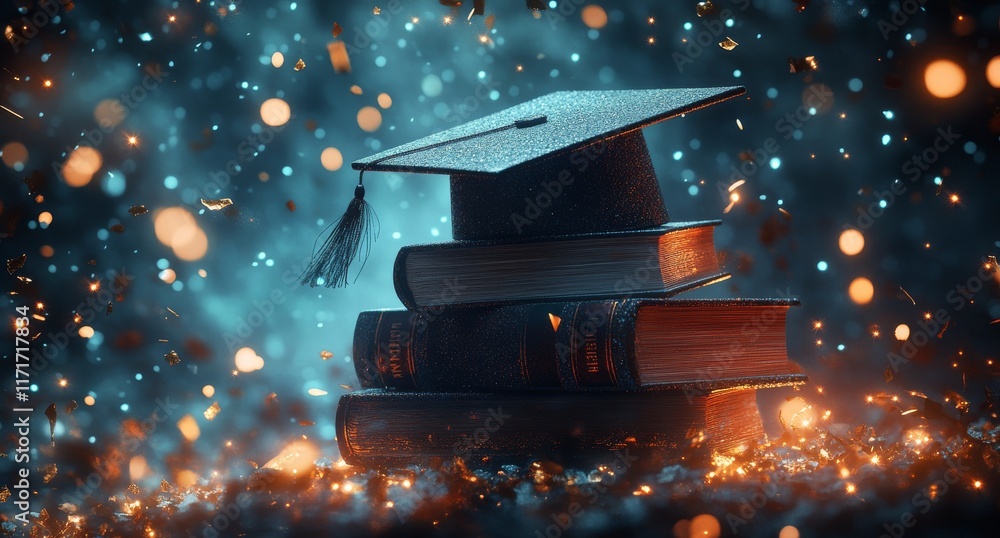 Poster graduation cap resting on a stack of books with colorful confetti floating in the air