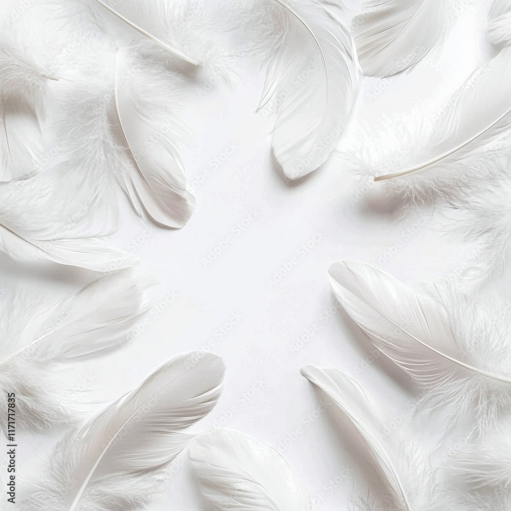 Poster white feathers arranged on a flat surface creating a soft and elegant design for crafts or decoratio