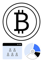 Bitcoin logo in a circle, group audience interface, and segmented pie chart. Ideal for blockchain, cryptocurrency, digital finance, data analytics, investments, fintech abstract line flat metaphor
