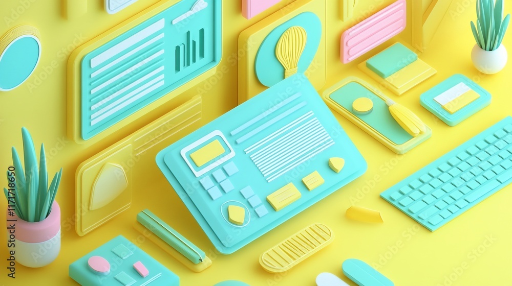 Poster colorful 3d render of a workspace with computer, keyboard, plant, and stationery.