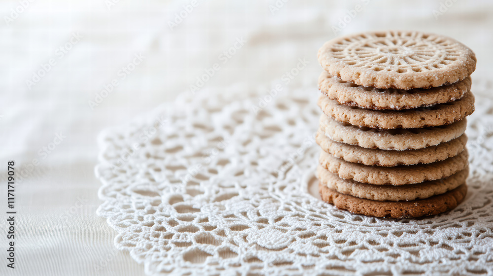 Poster delicate lace supports stack of sable cookies, showcasing their intricate design and texture. perfec