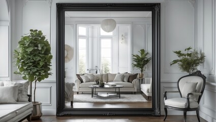 Black frame mockup in elegant white interior design