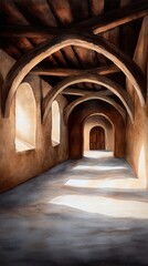 Obraz premium Sunbeams illuminate an old stone hallway with arched ceilings and wooden beams. A peaceful and serene atmosphere.