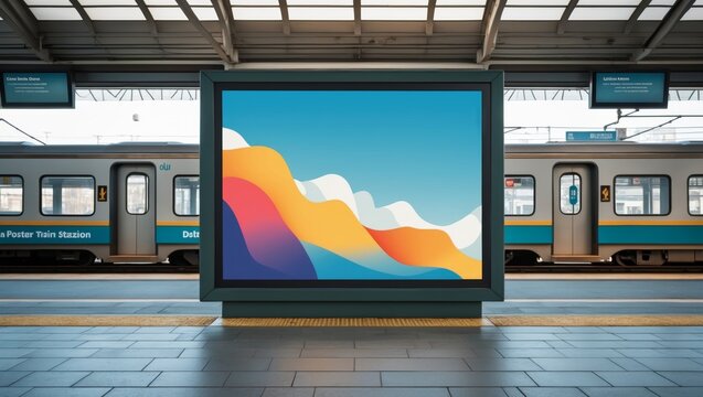 Blank advertising billboard mockup in train station