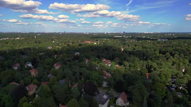 residential district green forest cloudy sky. Perfect aerial view flight drone