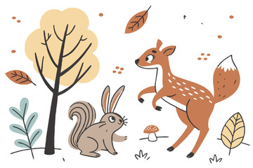 Cute cartoon animals, forest background, flat vector, children's illustration white background