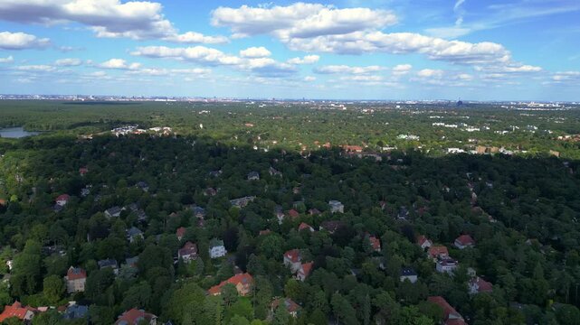 residential district green forest cloudy sky. Fabulous aerial view flight drone