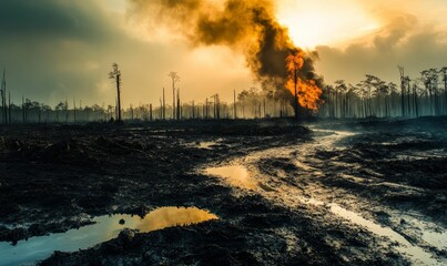 Forest fire, charred landscape, sunset smoke.