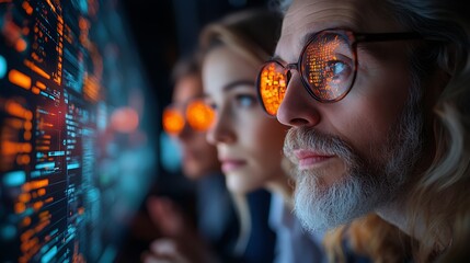 Team analyzing data on a large screen.