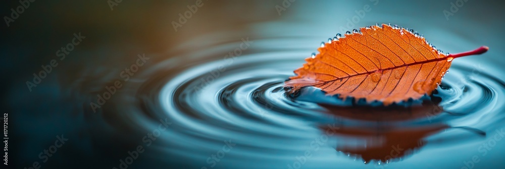 Poster Single autumn leaf floats on calm water, creating concentric ripples. (1)