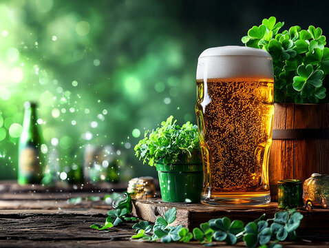 Sc&egrave;ne Festive de la Saint-Patrick avec un Verre de Bi&egrave;re Verte, Tr&egrave;fles et Ambiance Magique