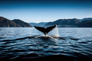 Fototapeta premium A stunning view of a humpback whale's tail rising from calm ocean waters, with mountainous silhouettes in the background under a serene sky. 