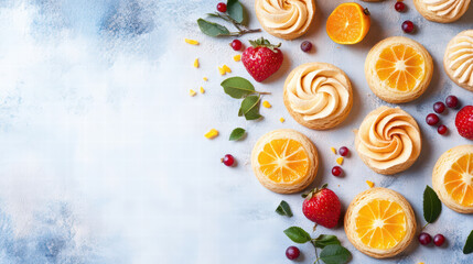 Delightful arrangement of pinwheel cookies topped with orange slices, strawberries, and seasonal berries, creating vibrant and inviting dessert display