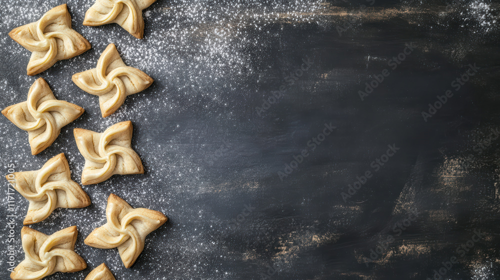 Poster delightful pinwheel cookies arranged on dark surface, sprinkled with powdered sugar, creating charmi