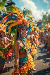 Fototapeta premium Vibrant festival celebration with dancers in colorful costumes, showcasing rich cultural traditions and joy.