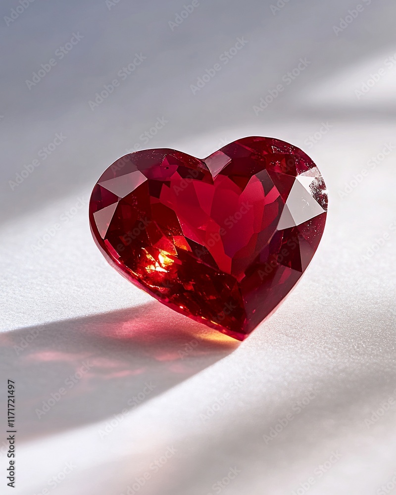 Poster close-up of a heart-shaped ruby gemstone on a white background.