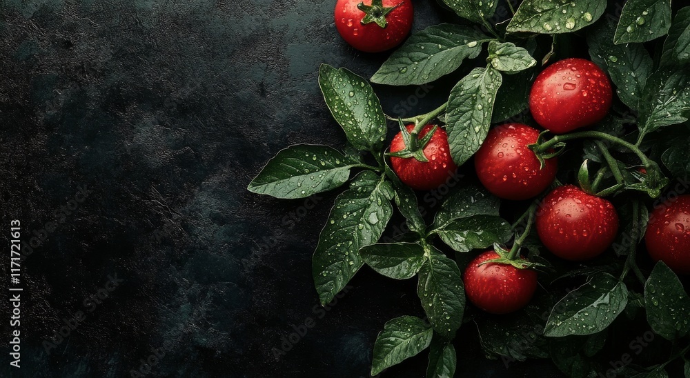 Poster fresh red tomatoes with droplets on green leaves against a dark background in a rustic setting