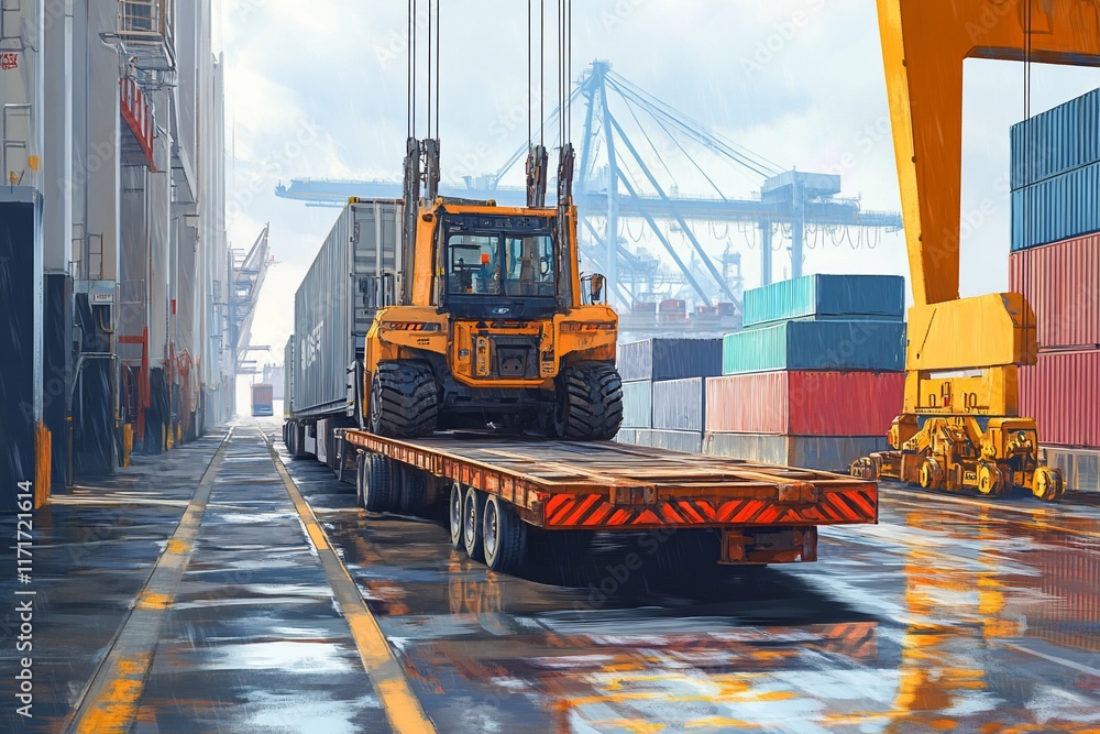 Poster forklift on a lowboy trailer at a wet shipping port with containers and cranes.