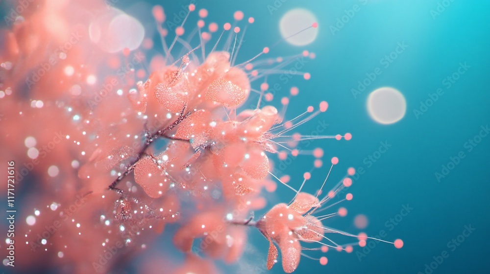 Aufkleber sparkling pink flowers on a teal background with bokeh effect.