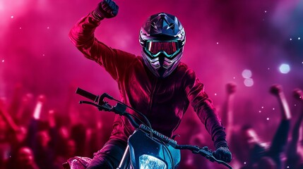 Rider celebrates victory in vibrant arena. Pink & purple lights illuminate the scene as the crowd cheers wildly.