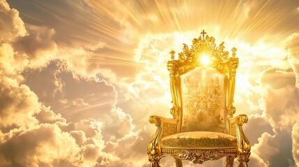 Majestic golden throne surrounded by radiant light and white clouds in a heavenly sky. Divine scene symbolizing the second coming of Jesus Christ and the essence of faith and salvation in Christianity